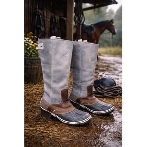 Sorel Slimpack Tall Waterproof Rain Boots Equestrian Gray Black Brown Sz 7